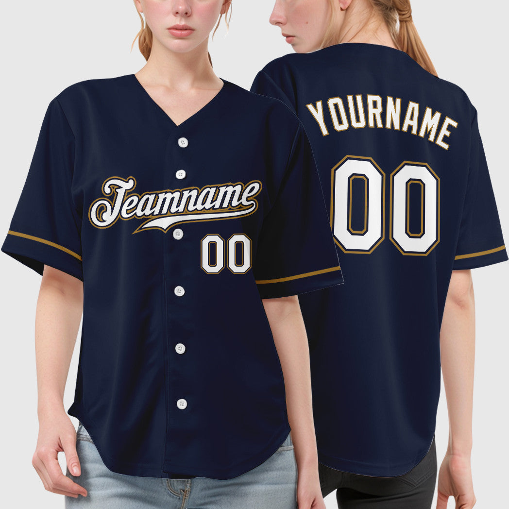 Custom Navy White White-Old Gold Baseball Jersey