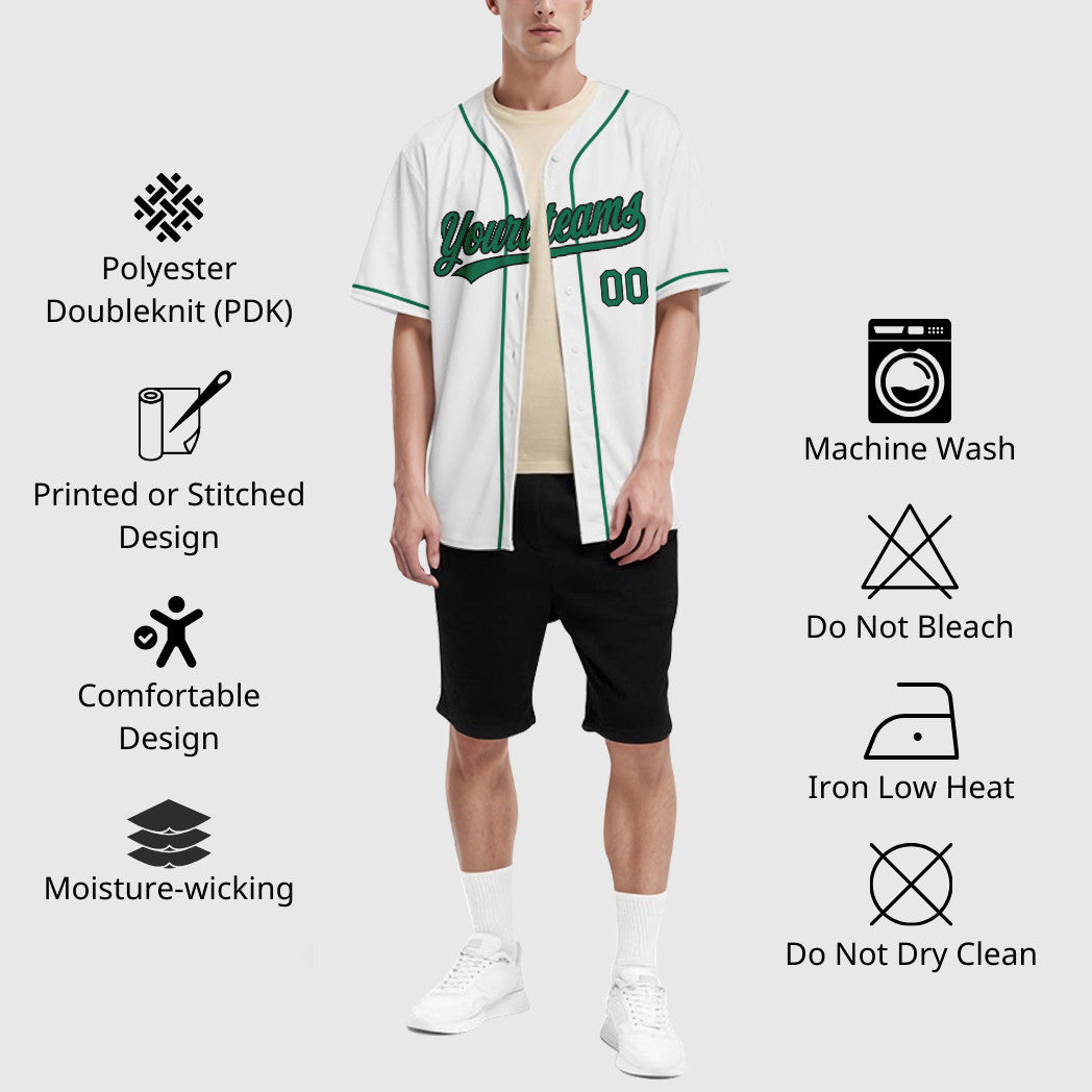Custom White Kelly Green Black Sleeve Baseball Jersey