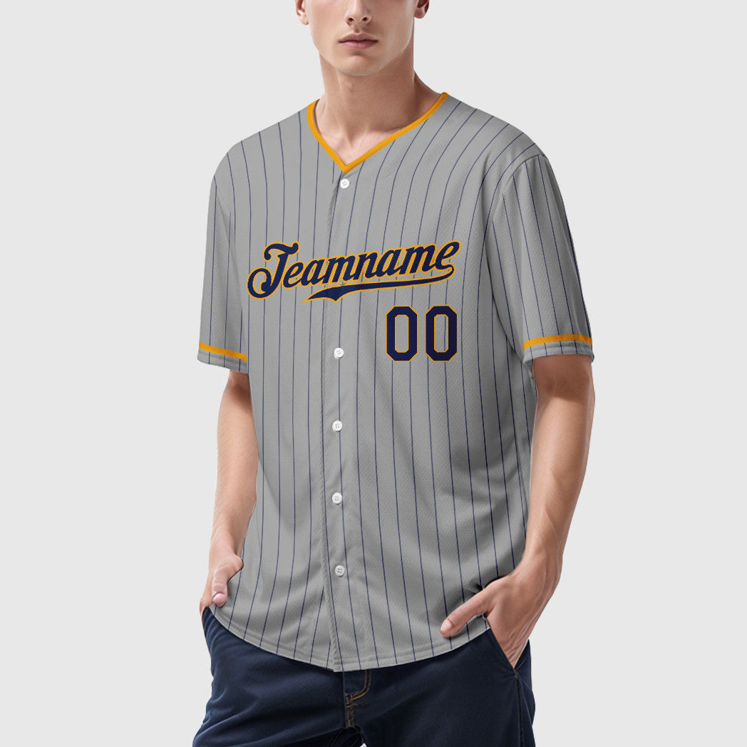 Custom Gray Navy Navy-Gold Pinstripe Baseball Jersey