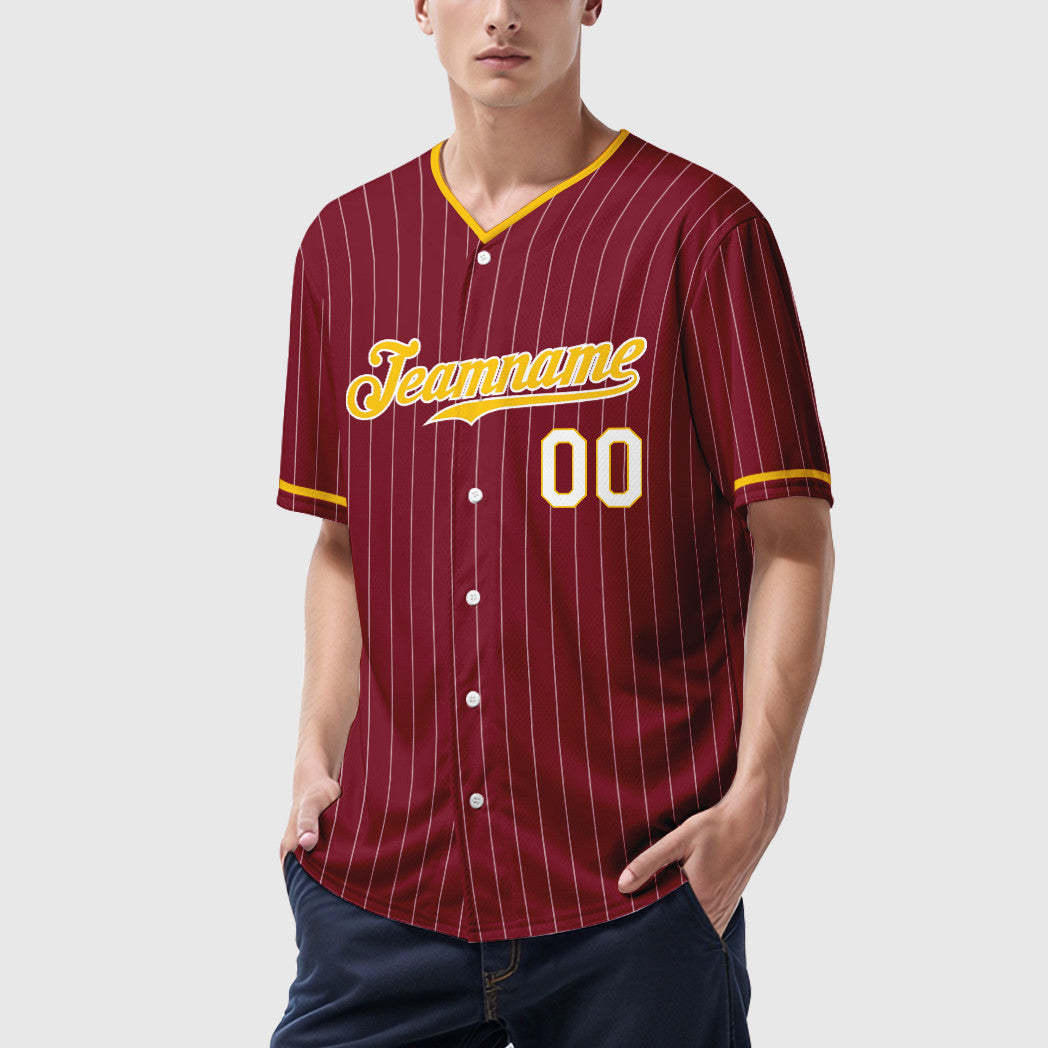 Custom Crimson White Gold-White Pinstripe Baseball Jersey