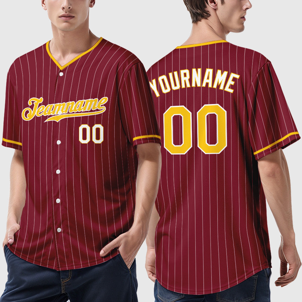 Custom Crimson White Gold-White Pinstripe Baseball Jersey