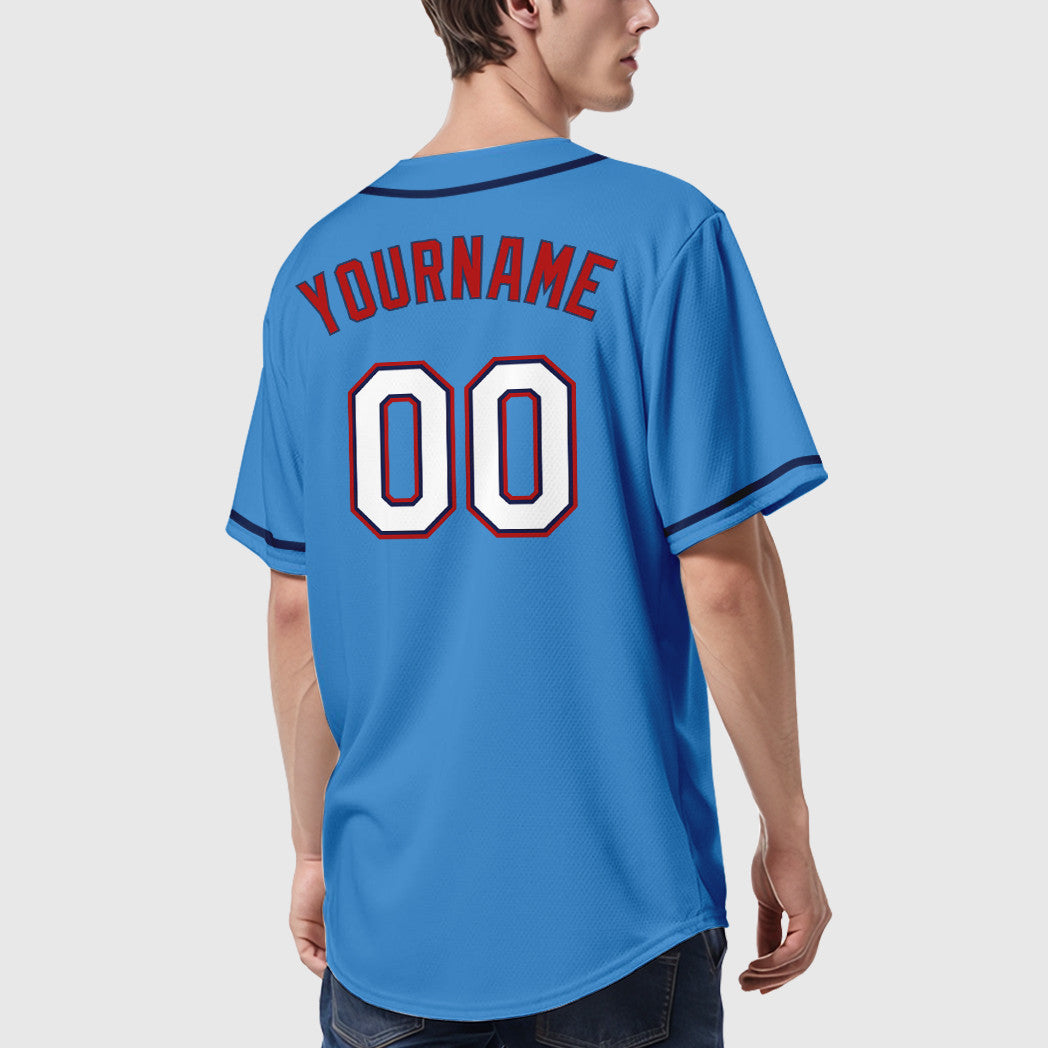 Custom Powder Blue Red White-Navy Sleeve Baseball Jersey