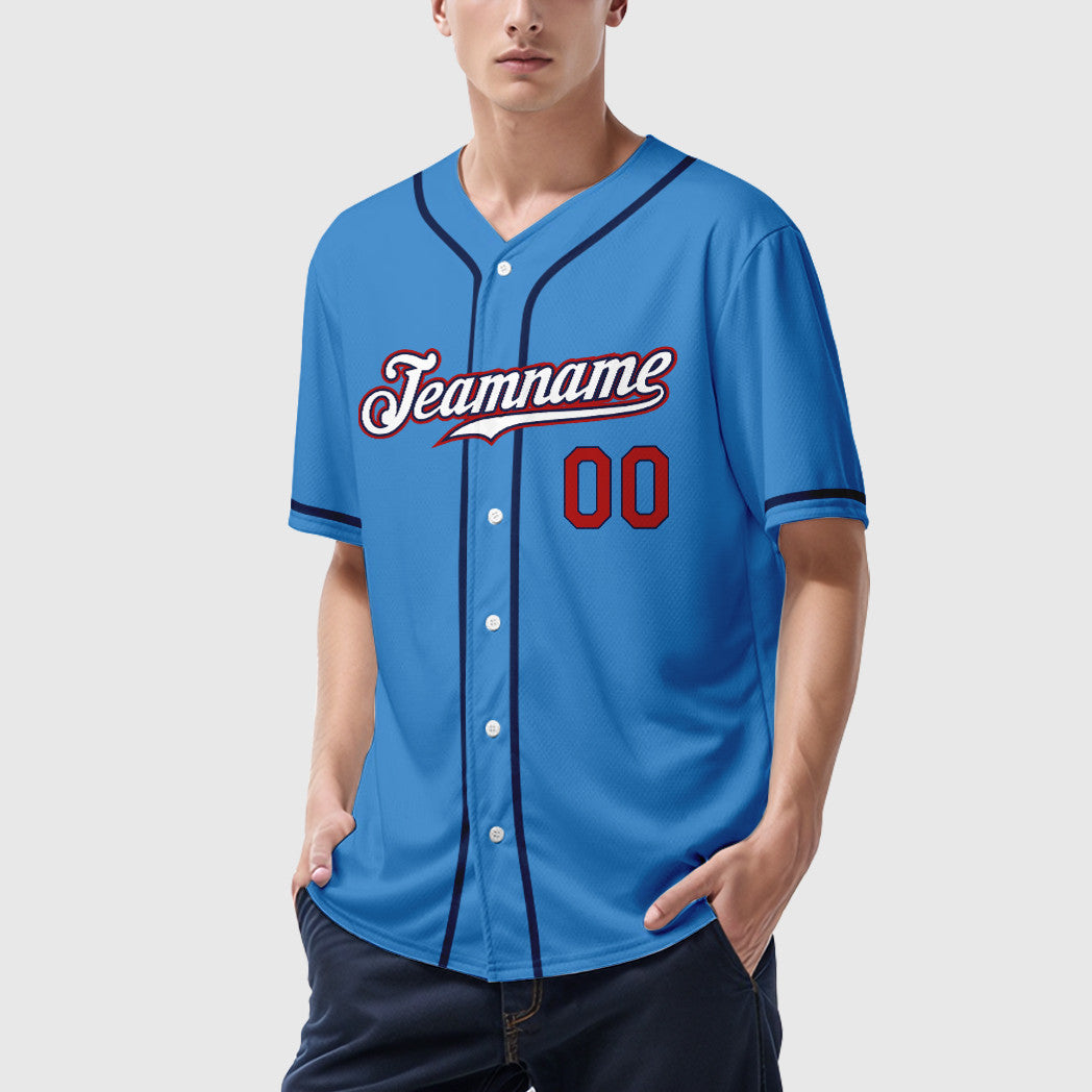 Custom Powder Blue Red White-Navy Sleeve Baseball Jersey