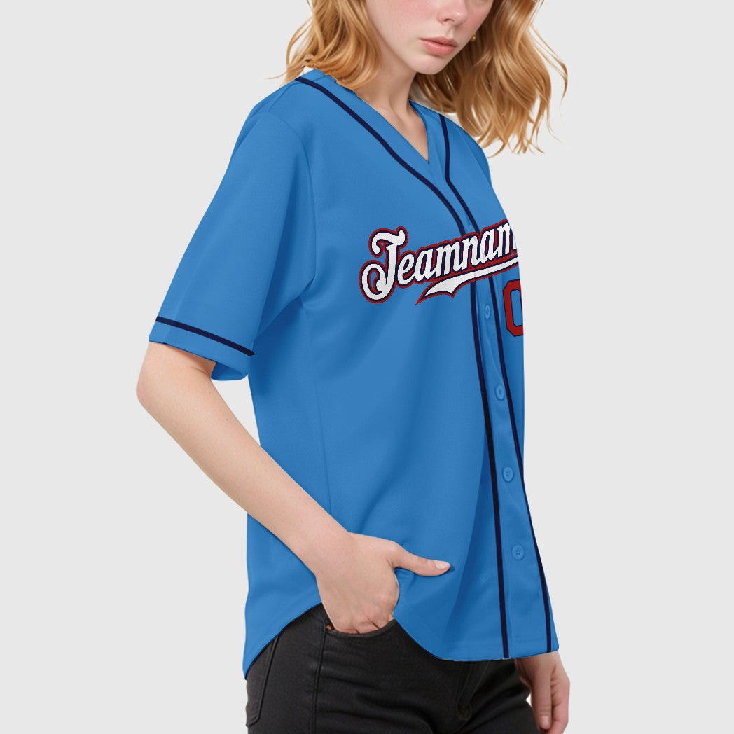 Custom Powder Blue Red White-Navy Sleeve Baseball Jersey