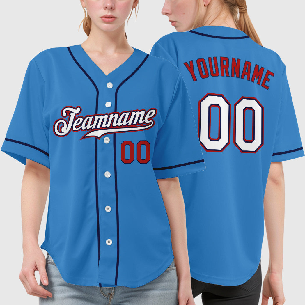 Custom Powder Blue Red White-Navy Sleeve Baseball Jersey