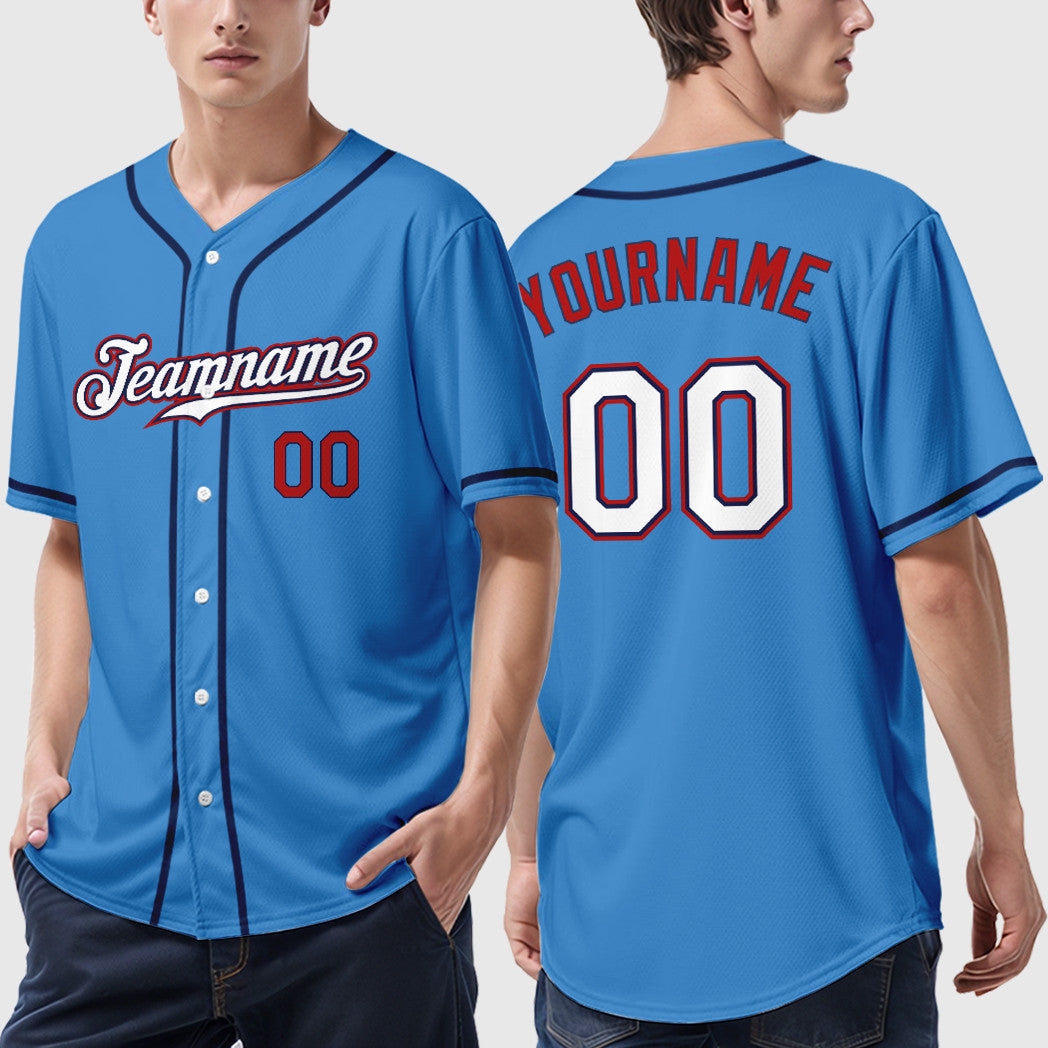 Custom Powder Blue Red White-Navy Sleeve Baseball Jersey