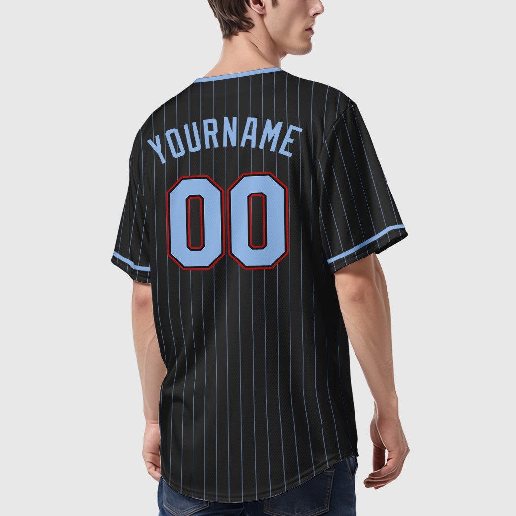Custom Black Light Blue Red Pinstripe Baseball Jersey