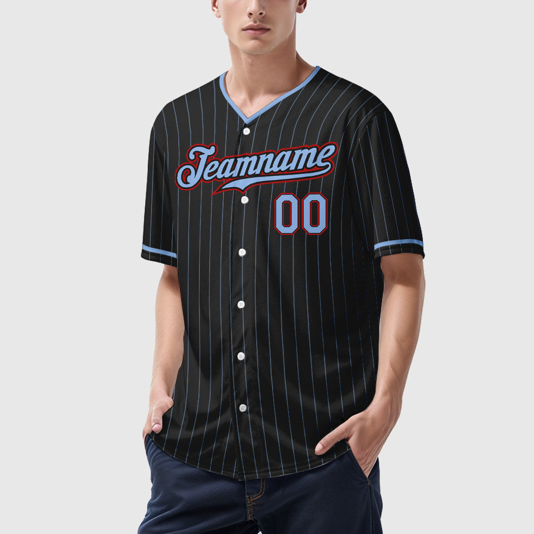 Custom Black Light Blue Red Pinstripe Baseball Jersey