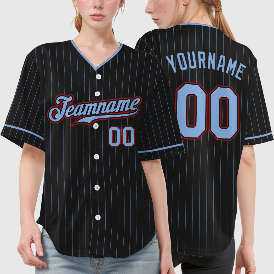 Custom Black Light Blue Red Pinstripe Baseball Jersey