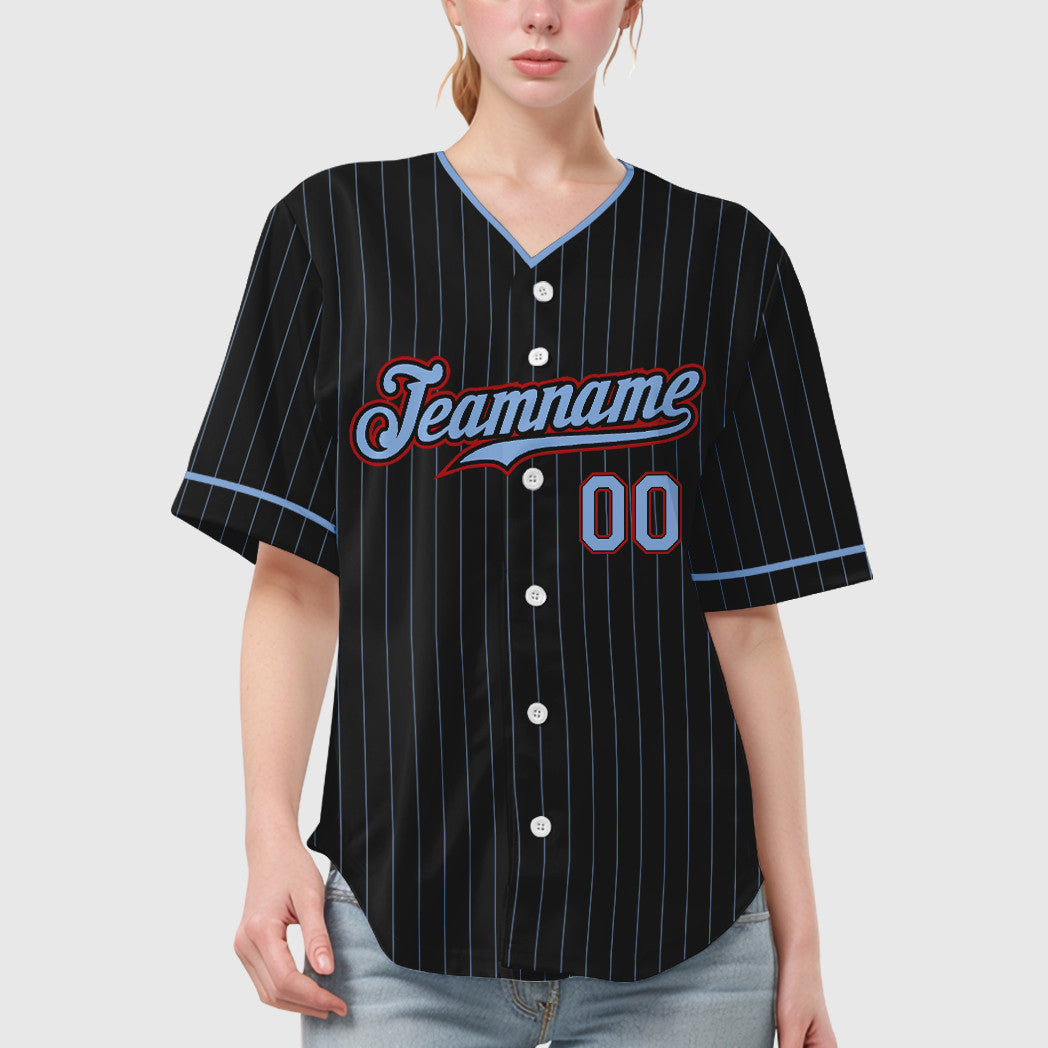 Custom Black Light Blue Red Pinstripe Baseball Jersey