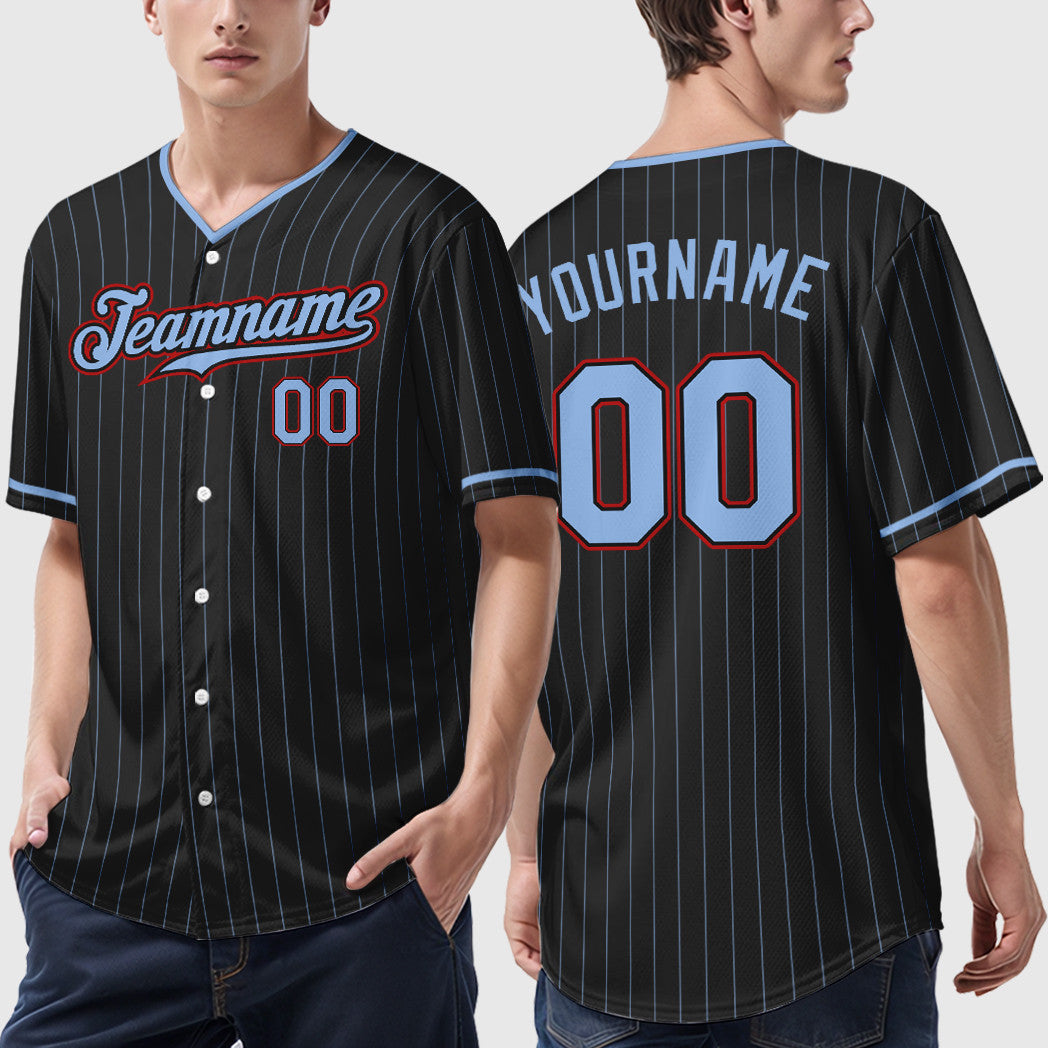 Custom Black Light Blue Red Pinstripe Baseball Jersey