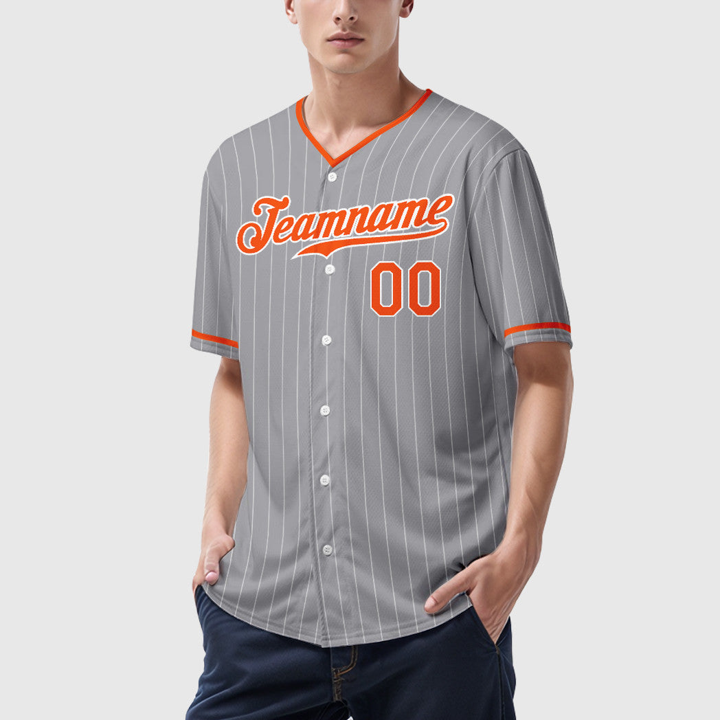 Custom Gray White Orange Pinstripe Baseball Jersey