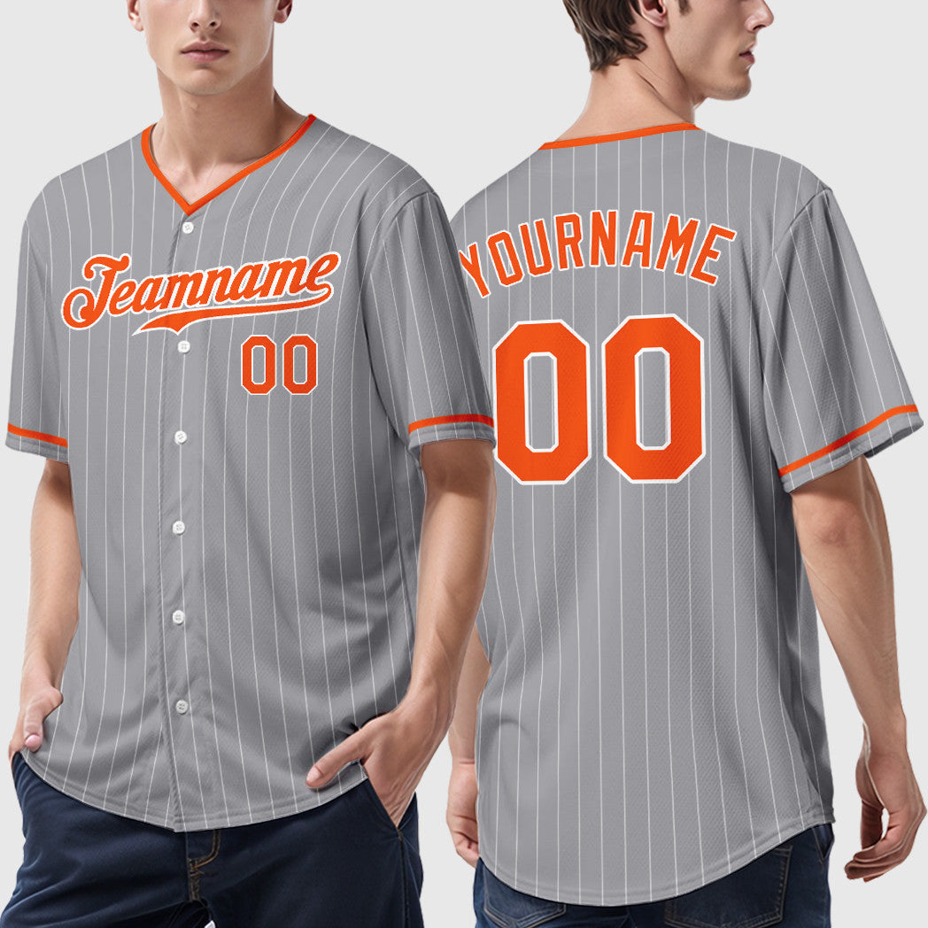Custom Gray White Orange Pinstripe Baseball Jersey