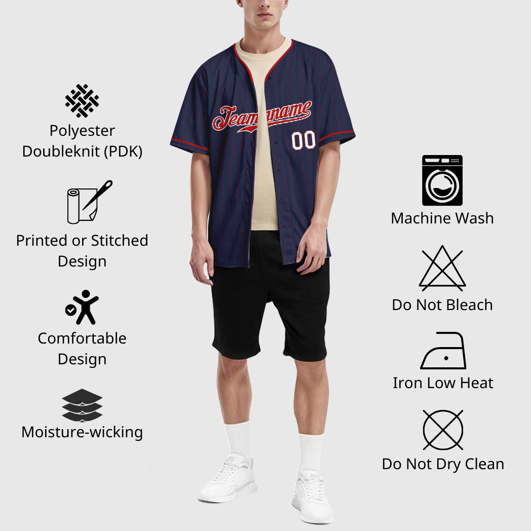 Custom Navy Red Red-White Pinstripe Baseball Jersey
