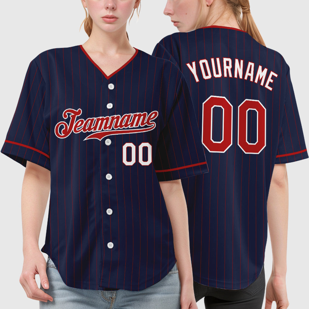 Custom Navy Red Red-White Pinstripe Baseball Jersey