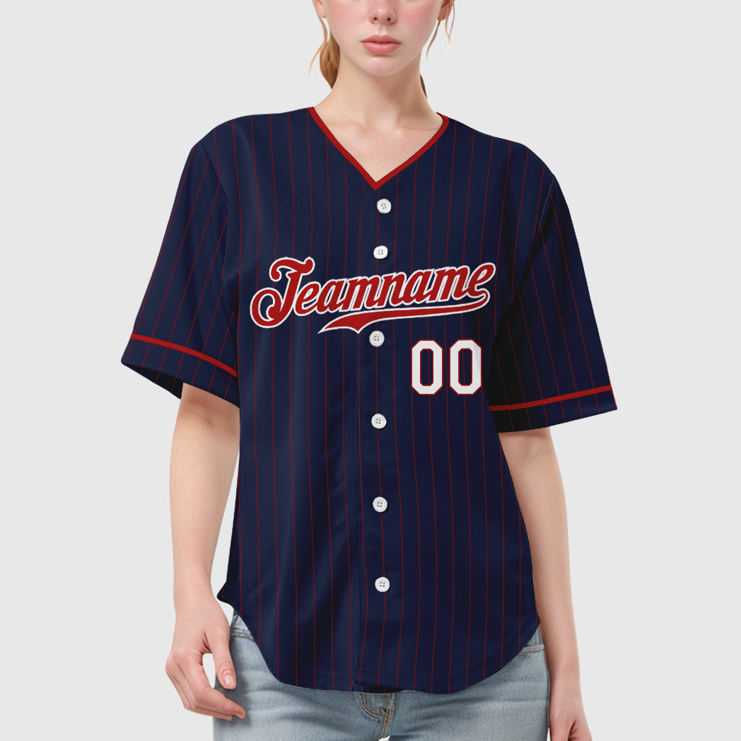 Custom Navy Red Red-White Pinstripe Baseball Jersey