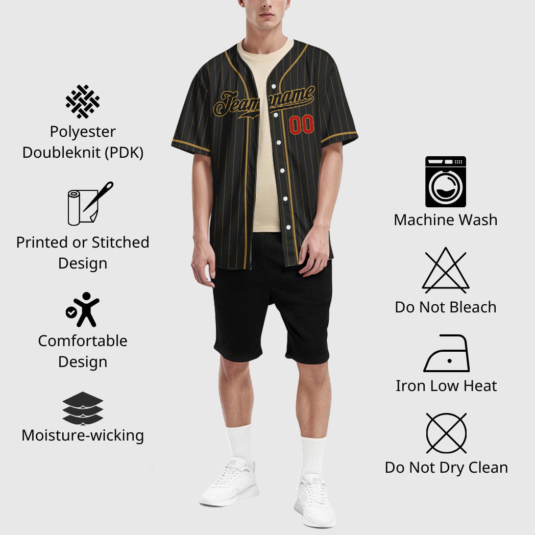 Custom Black Old Gold Red-Old Gold Piping Pinstripe Baseball Jersey
