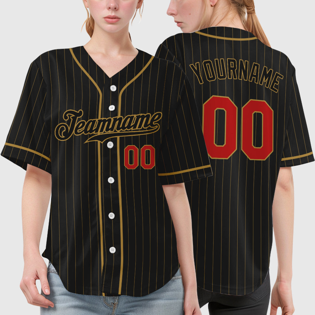 Custom Black Old Gold Red-Old Gold Piping Pinstripe Baseball Jersey