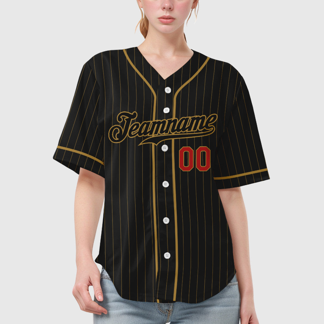 Custom Black Old Gold Red-Old Gold Piping Pinstripe Baseball Jersey