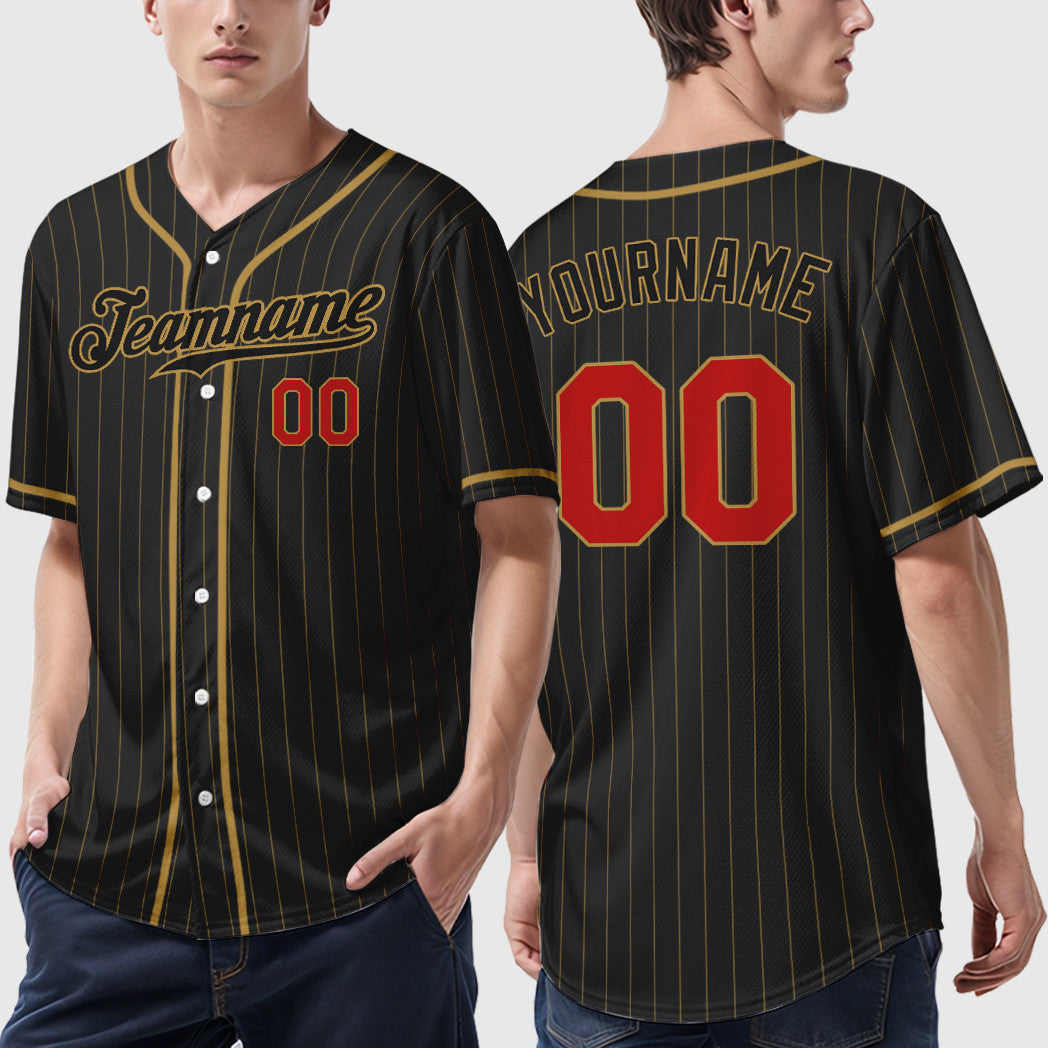 Custom Black Old Gold Red-Old Gold Piping Pinstripe Baseball Jersey