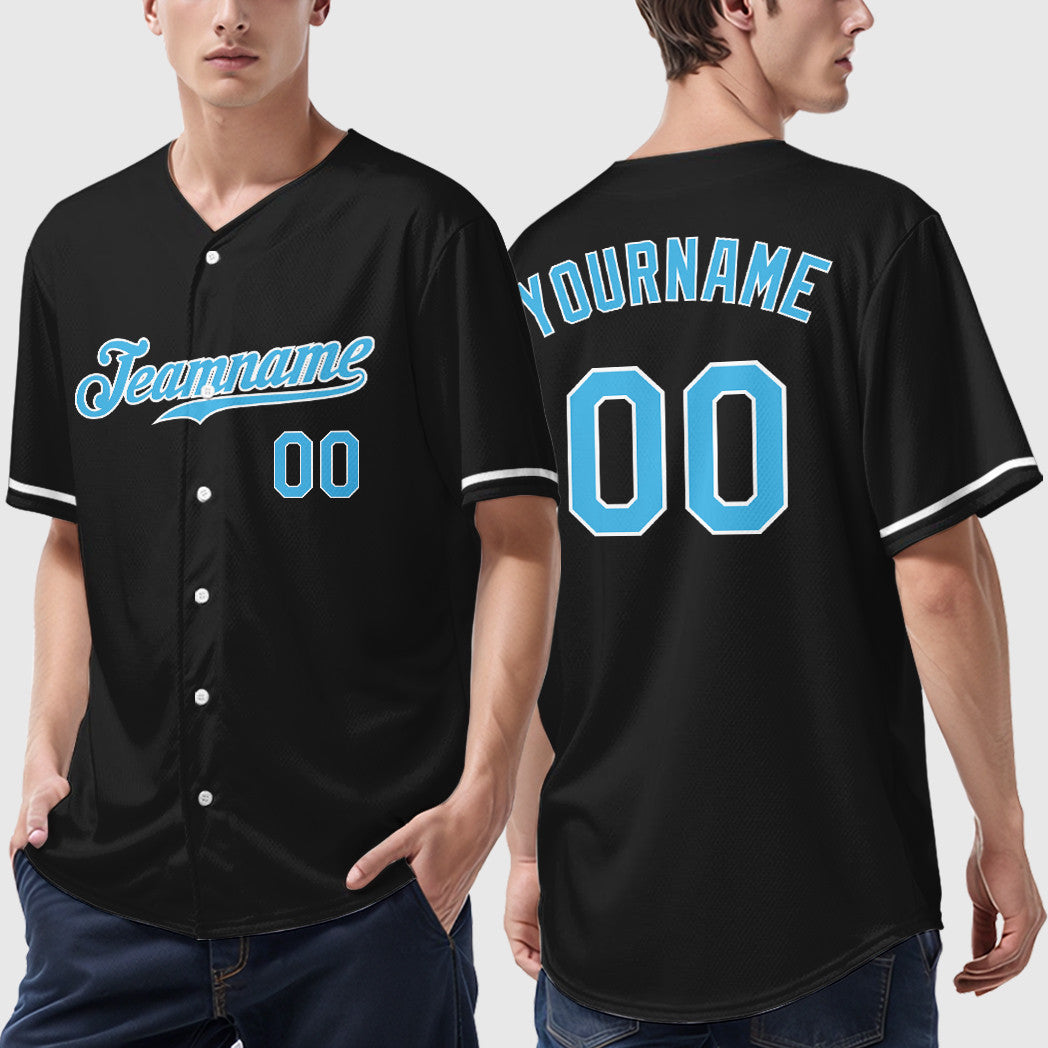 Custom Black White Pinstripe-Sky Blue Baseball Jersey