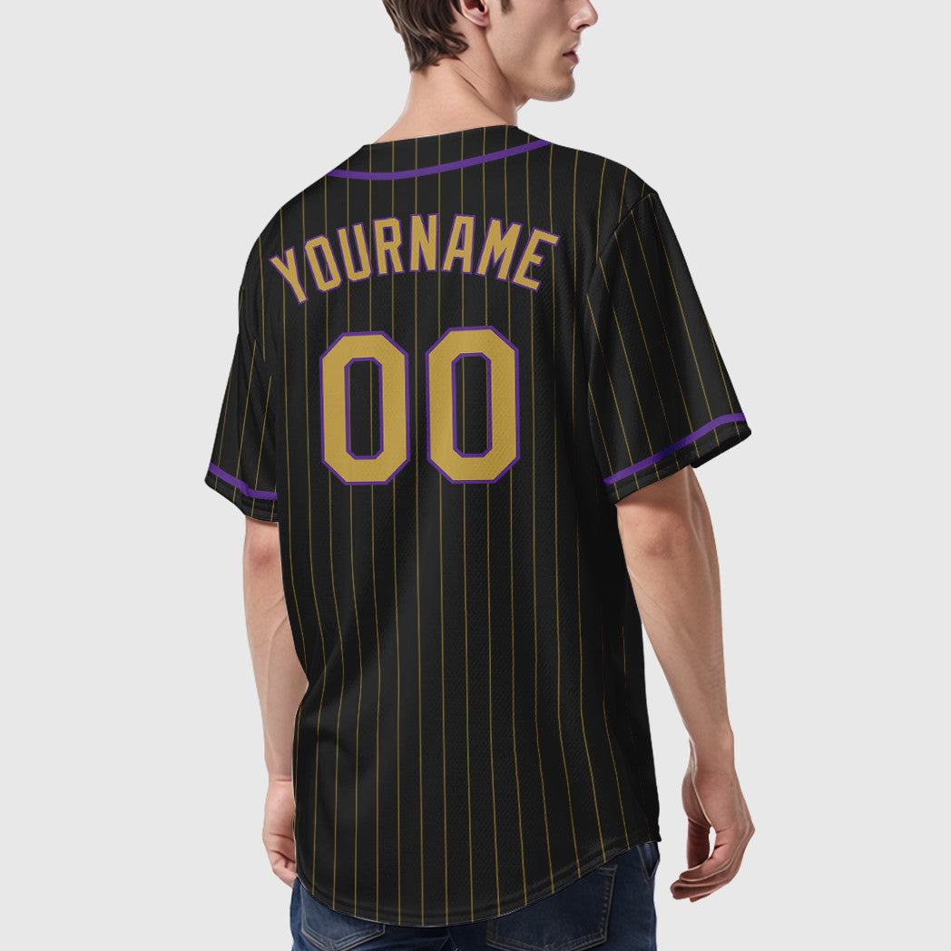 Custom Black Old Gold Old Gold-Purple Piping Pinstripe Baseball Jersey