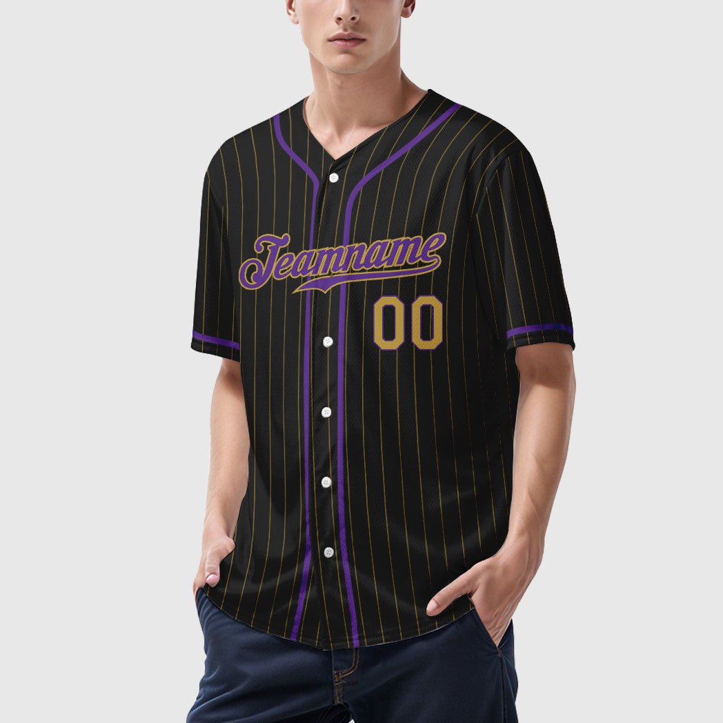 Custom Black Old Gold Old Gold-Purple Piping Pinstripe Baseball Jersey