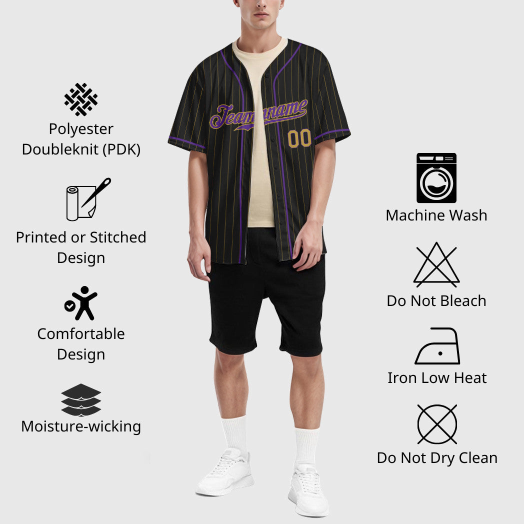 Custom Black Old Gold Old Gold-Purple Piping Pinstripe Baseball Jersey