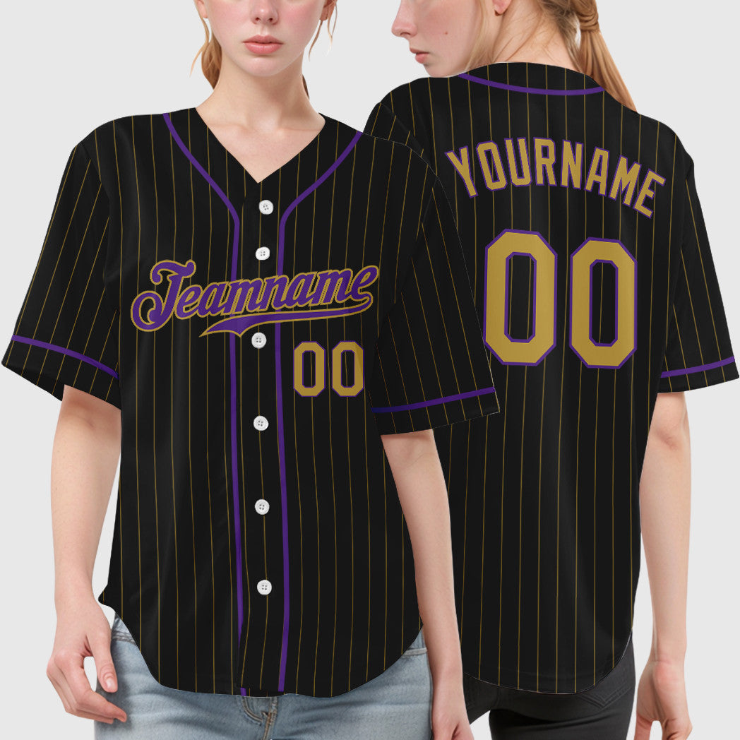 Custom Black Old Gold Old Gold-Purple Piping Pinstripe Baseball Jersey