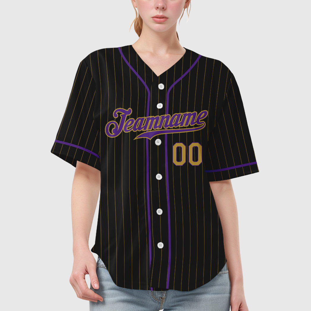 Custom Black Old Gold Old Gold-Purple Piping Pinstripe Baseball Jersey