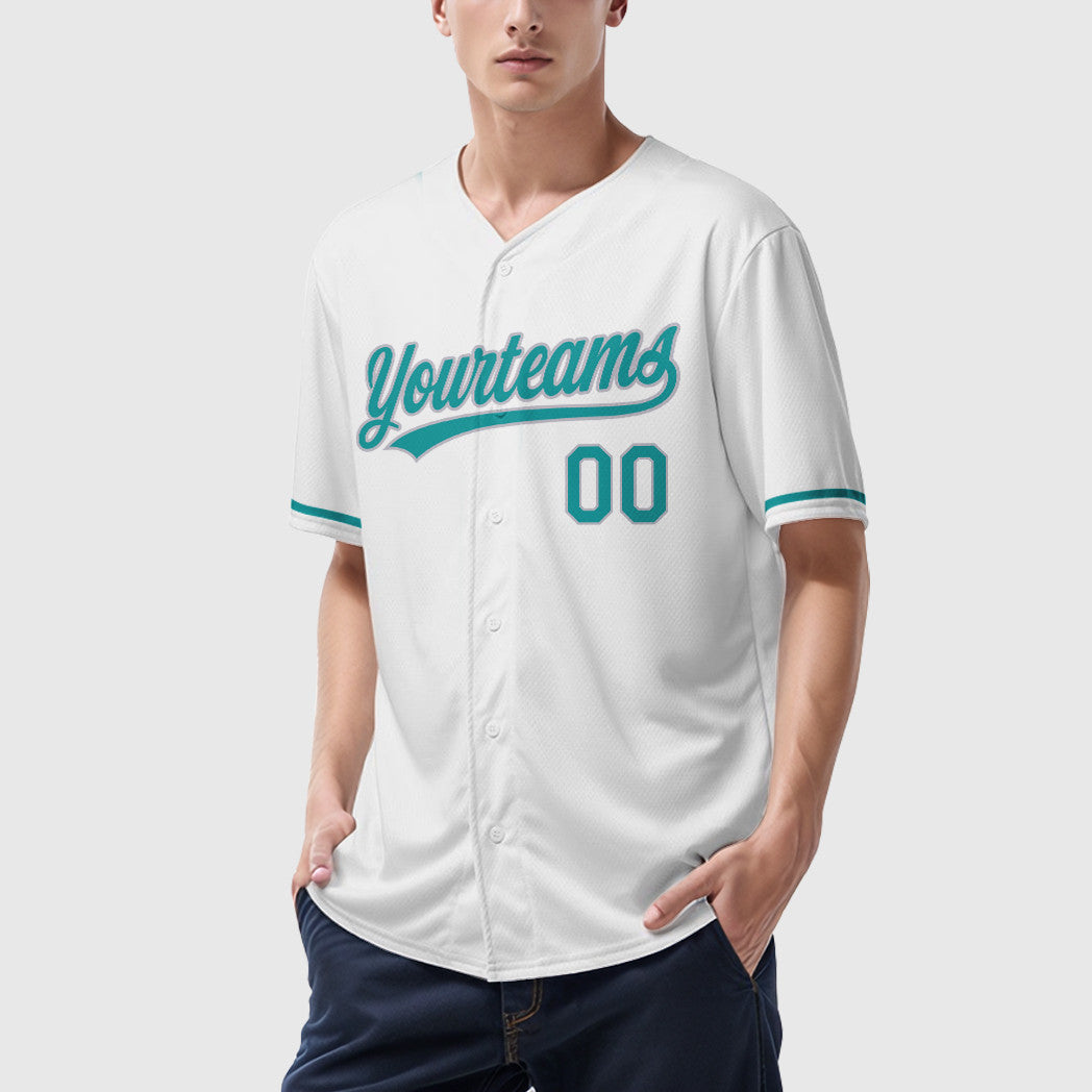 Custom White Teal Gray Baseball Jersey