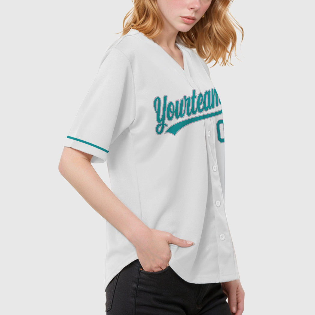 Custom White Teal Gray Baseball Jersey