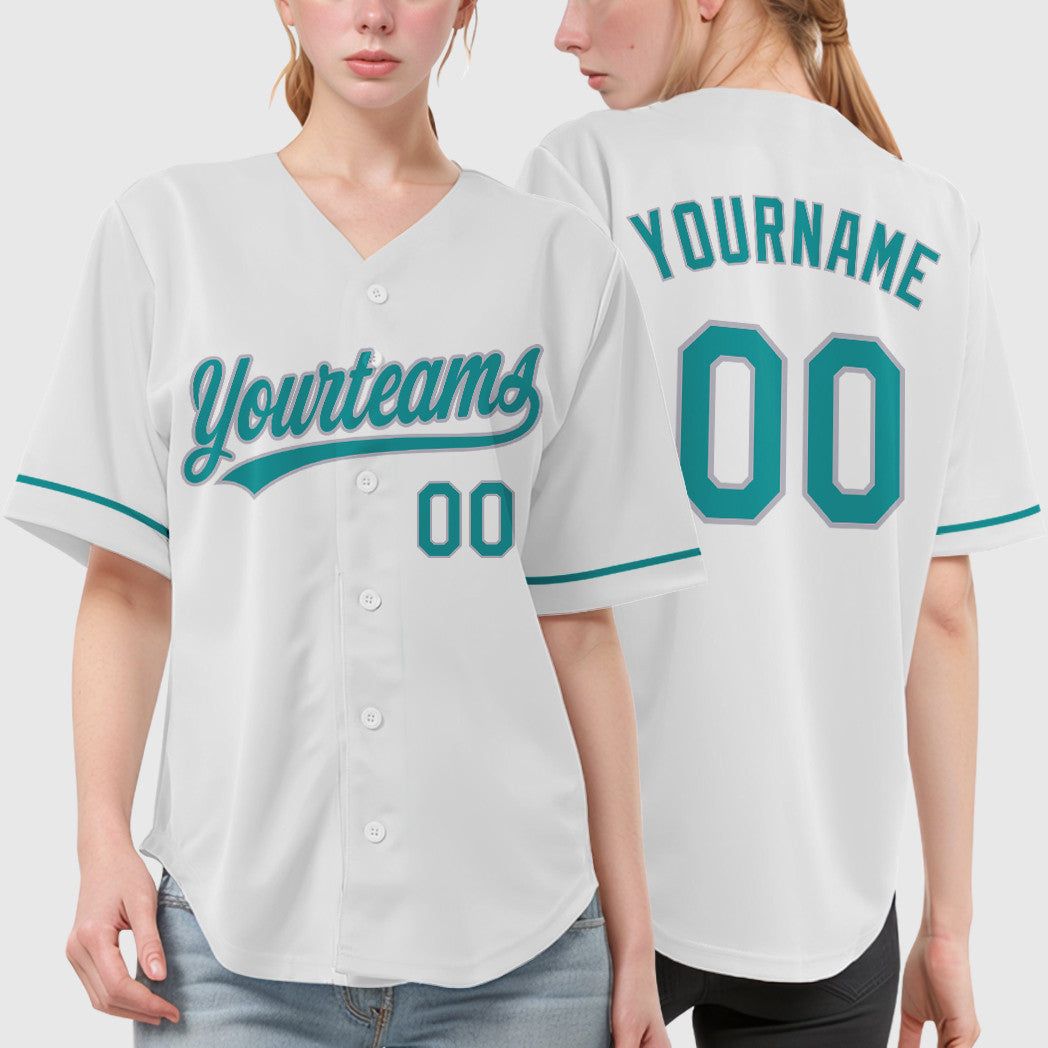 Custom White Teal Gray Baseball Jersey