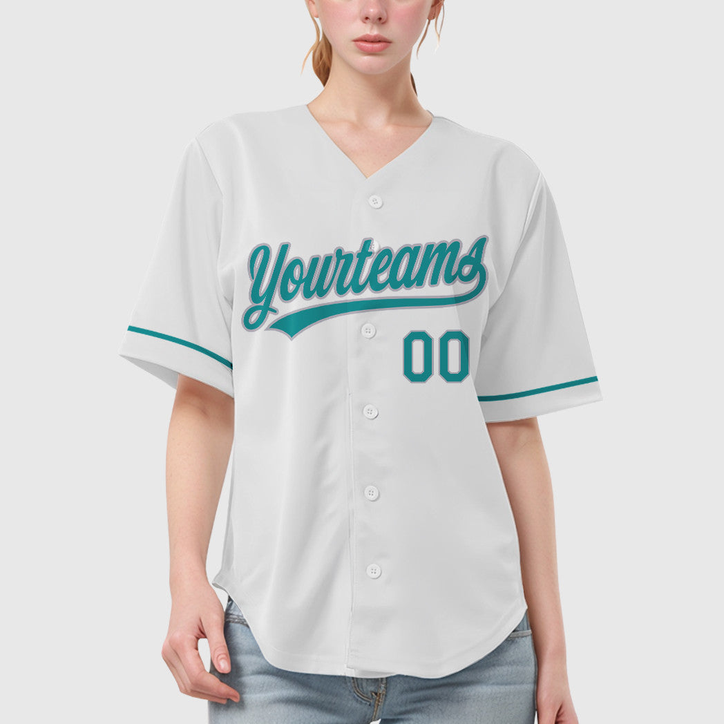Custom White Teal Gray Baseball Jersey