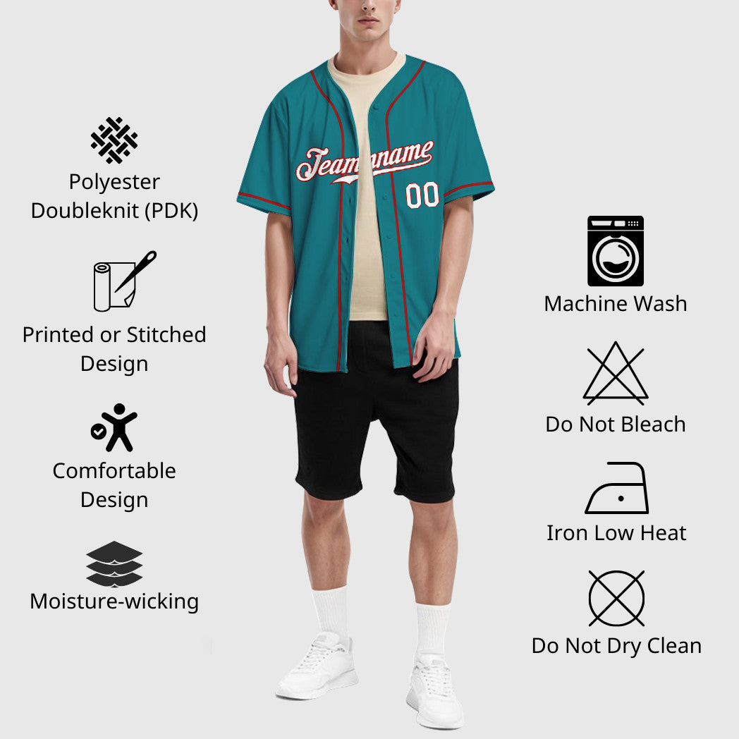 Custom Teal White White-Red Sleeve Baseball Jersey