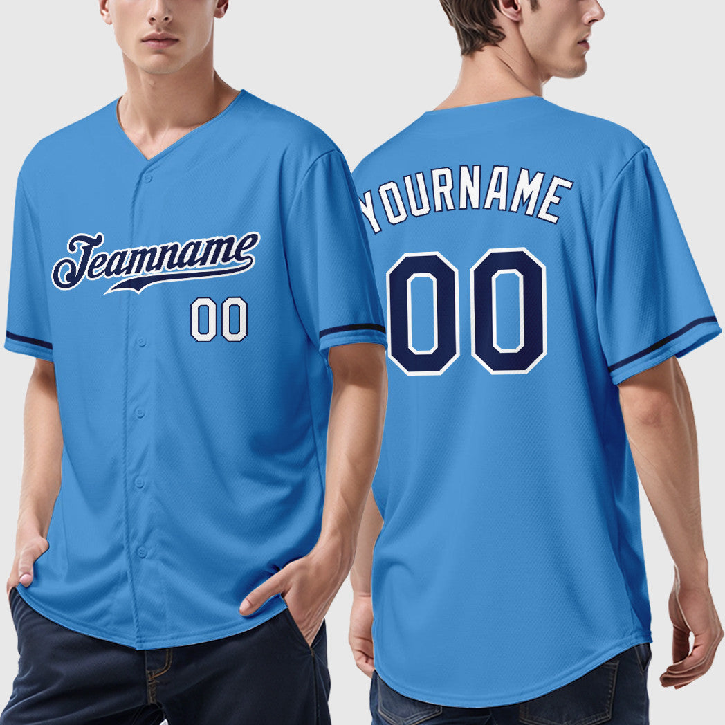 Custom Powder Blue White Navy-White Baseball Jersey