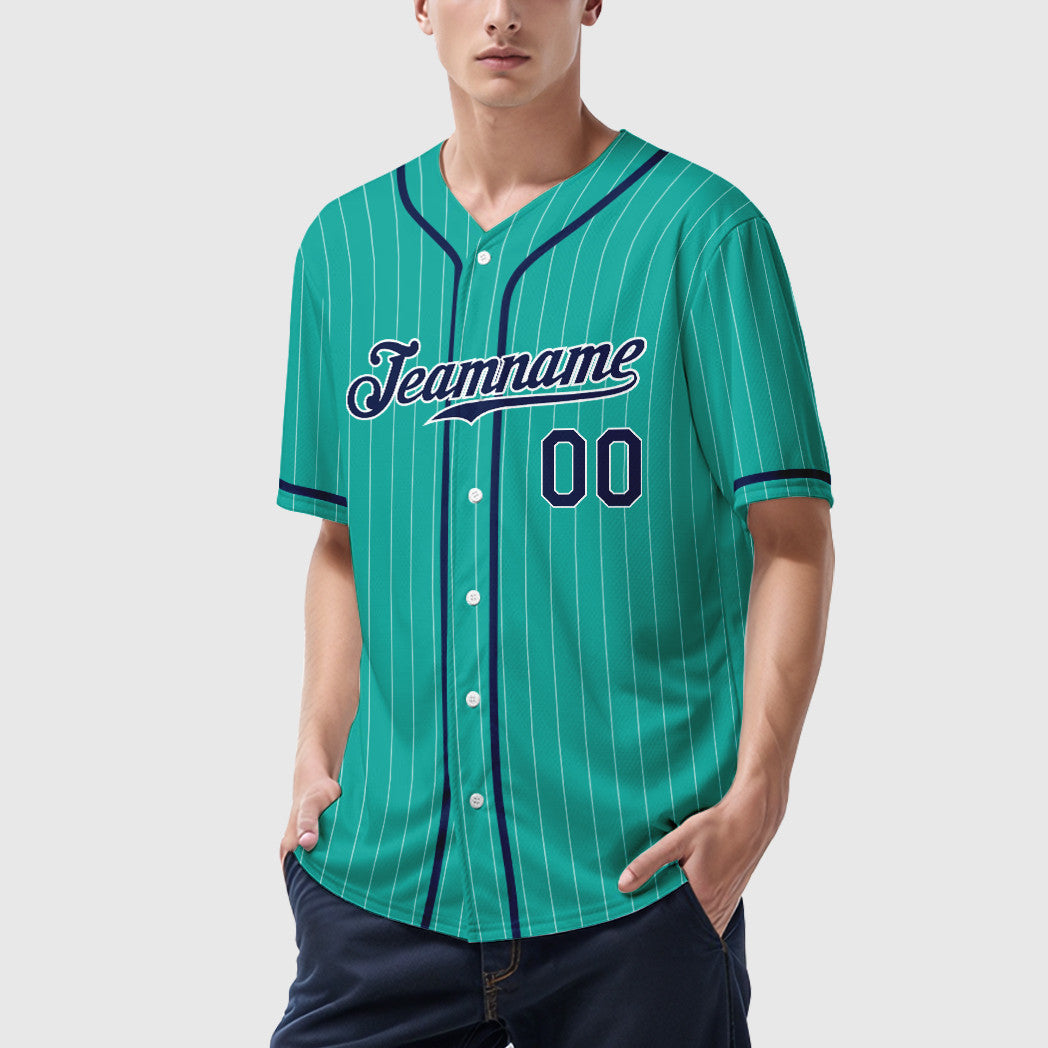 Custom Aqua White Navy Piping Pinstripe Baseball Jersey