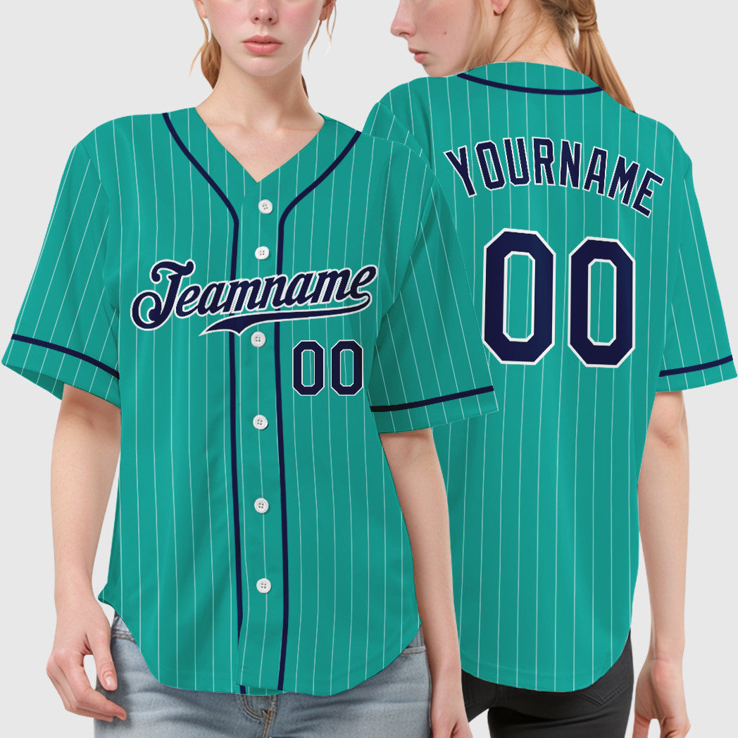 Custom Aqua White Navy Piping Pinstripe Baseball Jersey