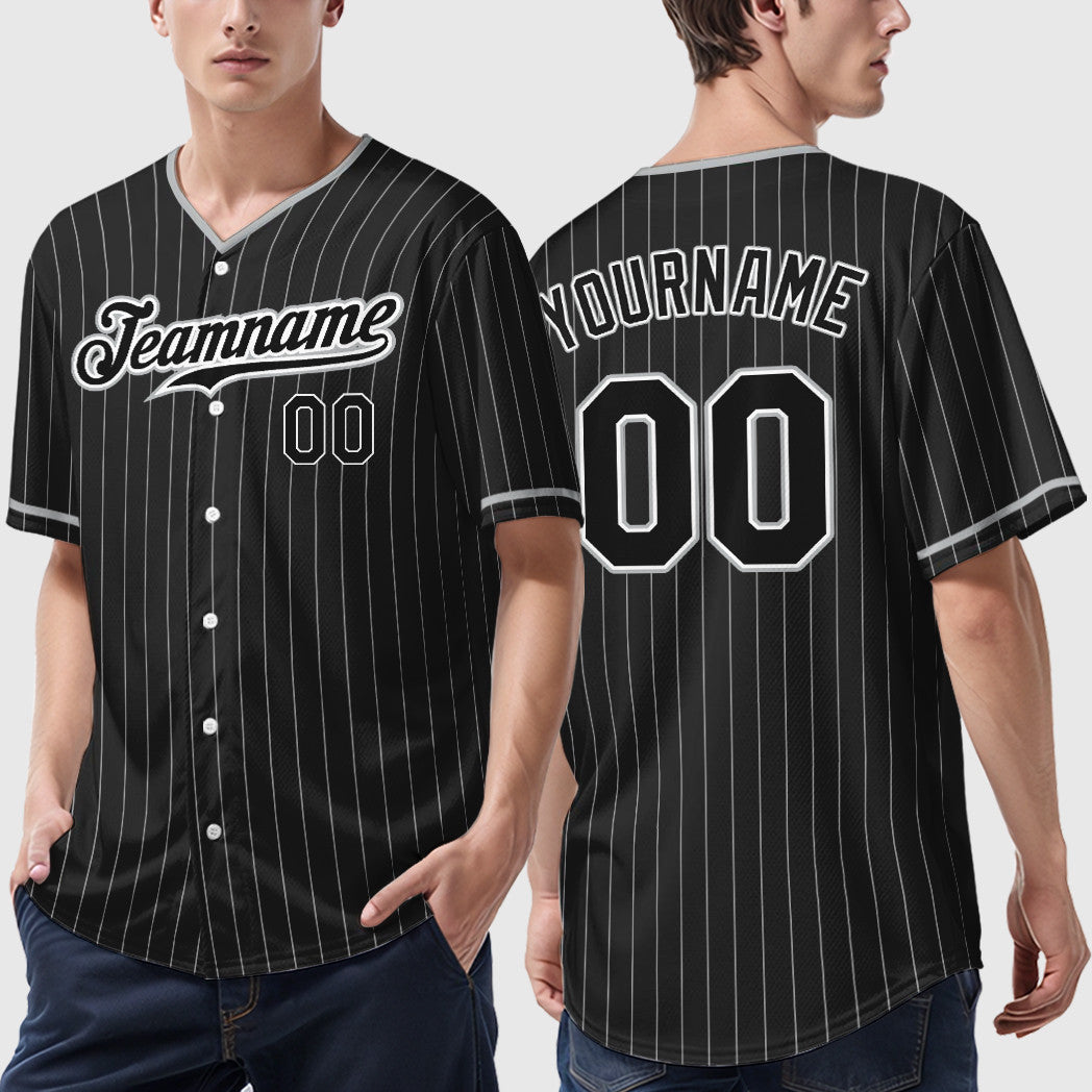 Custom Black White Black-Gray Pinstripe Baseball Jersey