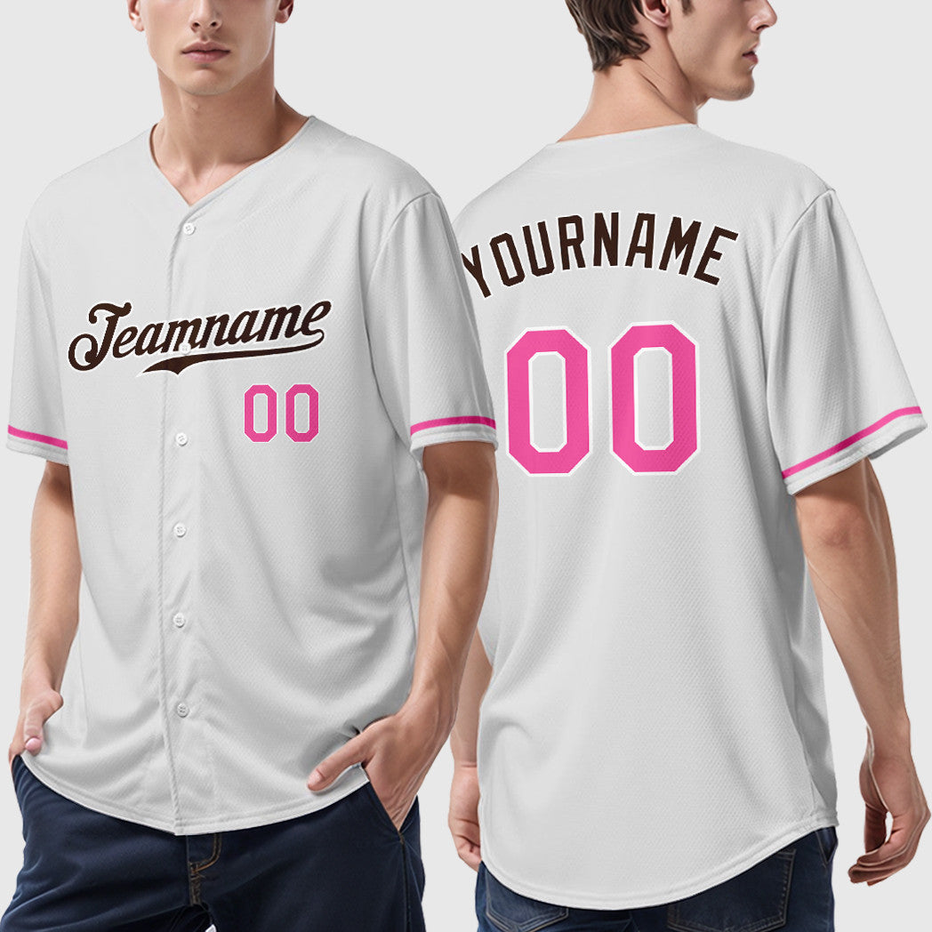Custom White Brown Pink Baseball Jersey