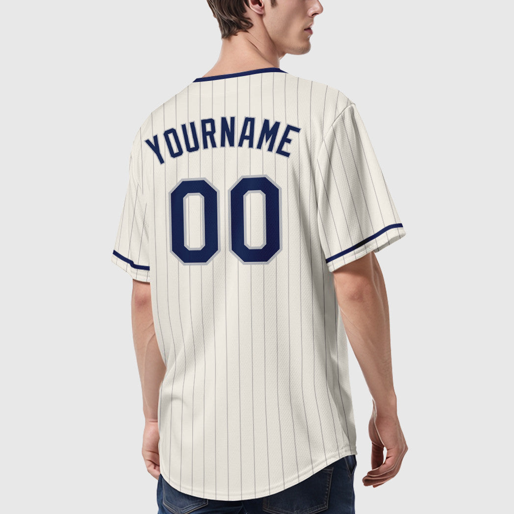 Custom Cream Gray Navy Pinstripe Baseball Jersey