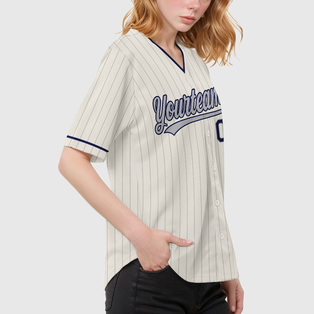 Custom Cream Gray Navy Pinstripe Baseball Jersey