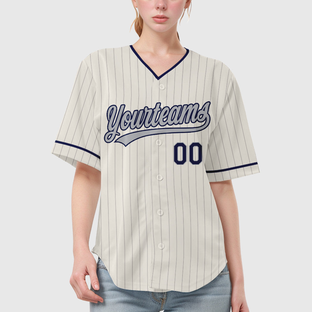 Custom Cream Gray Navy Pinstripe Baseball Jersey