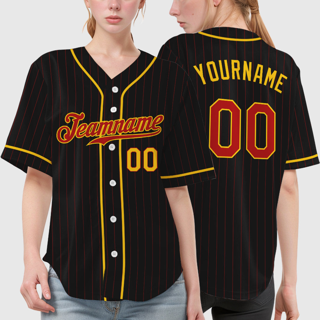 Custom Black Red Red-Yellow Piping Pinstripe Baseball Jersey