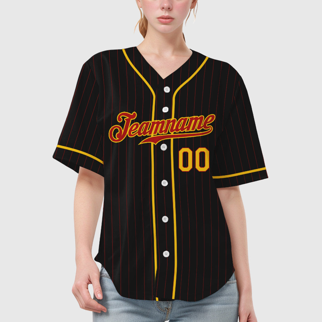 Custom Black Red Red-Yellow Piping Pinstripe Baseball Jersey