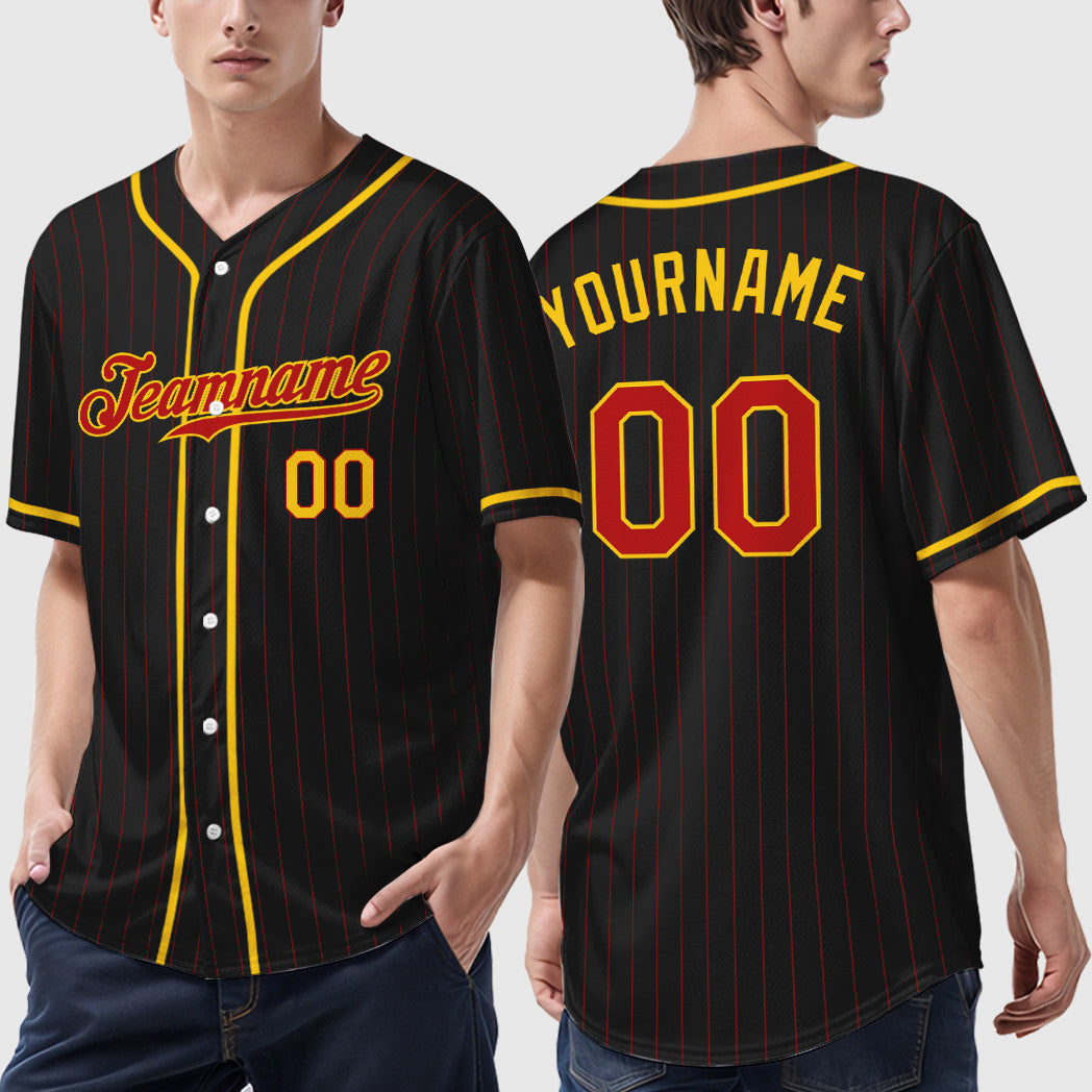Custom Black Red Red-Yellow Piping Pinstripe Baseball Jersey