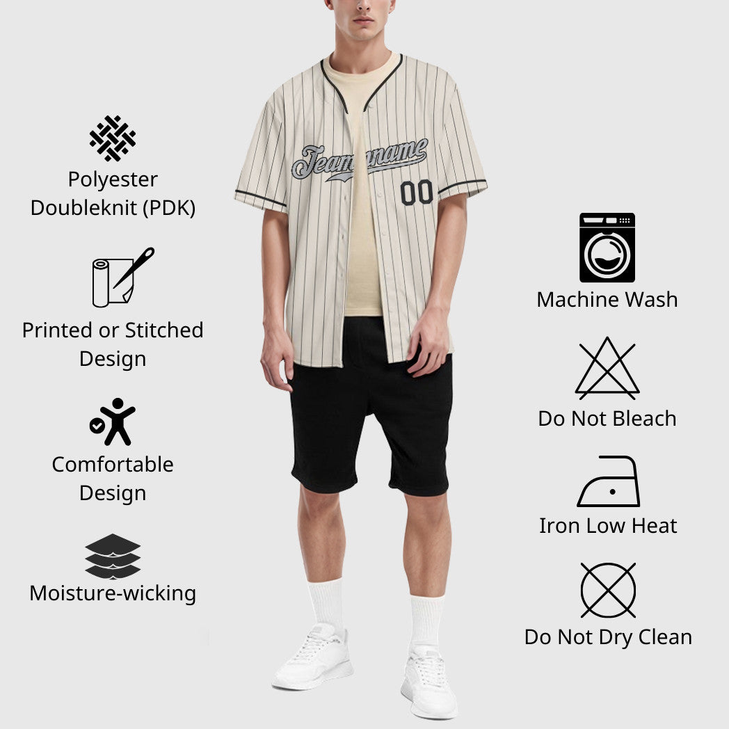 Custom Cream Gray Black Pinstripe Baseball Jersey
