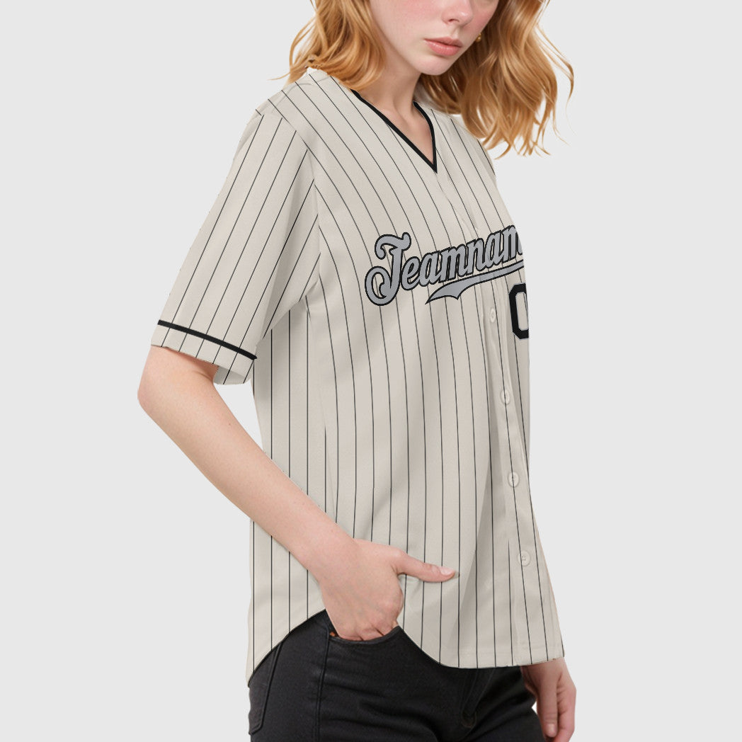 Custom Cream Gray Black Pinstripe Baseball Jersey