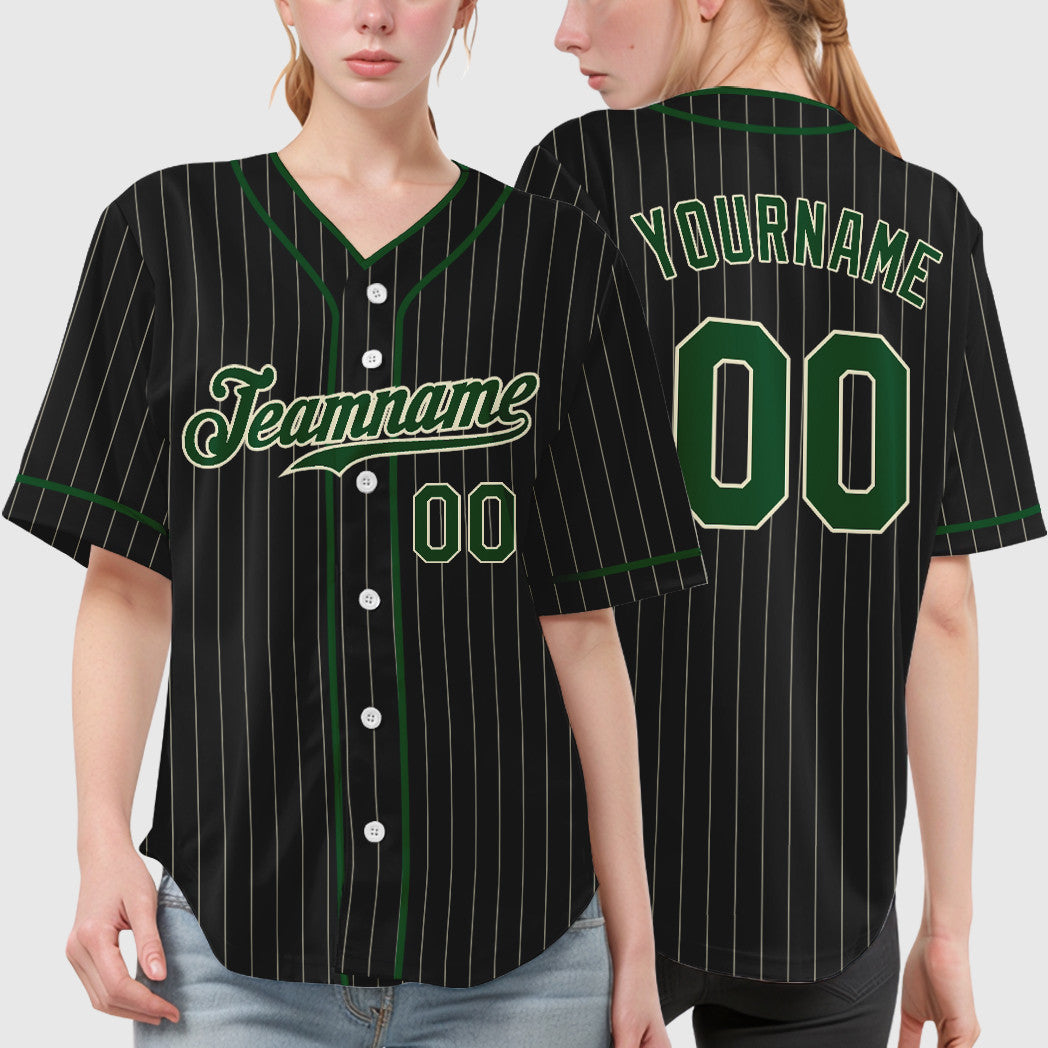Custom Black Cream Green Piping Pinstripe Baseball Jersey