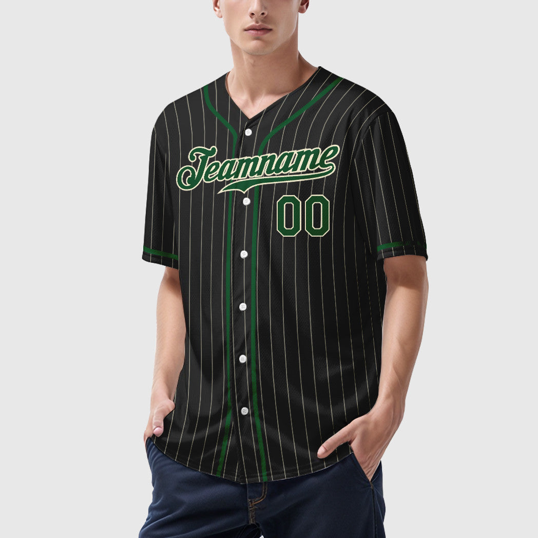 Custom Black Cream Green Piping Pinstripe Baseball Jersey